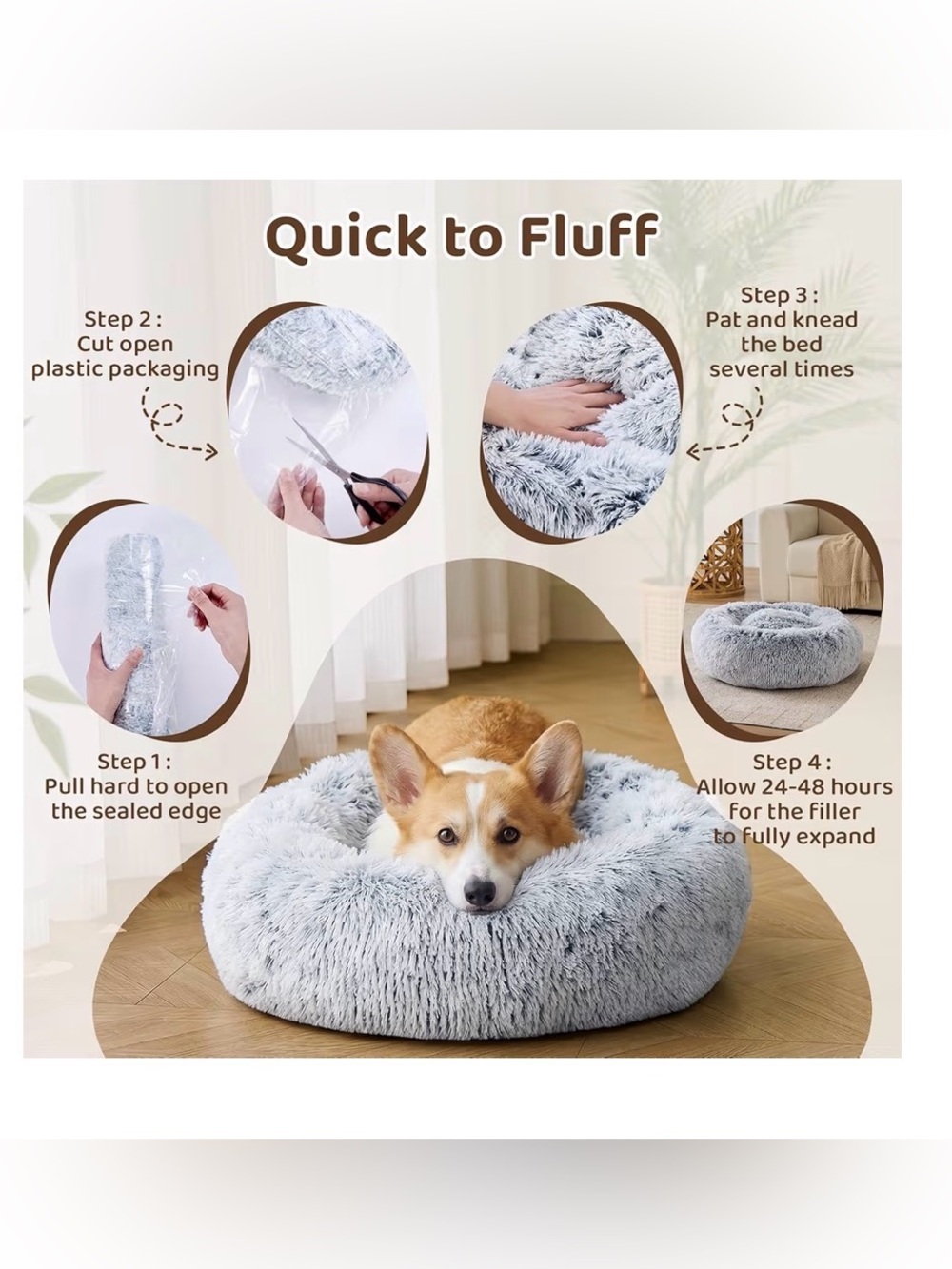 Plush Round Donut Pet Bed in Light Gray for Small & Medium pets, up to 25 lbs - Picture 8 of 8